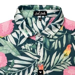 Bad Birdie Mens Flock Boys Polo Shirt Sz Small Parrot Bird Floral Leaf Golf LOGO
